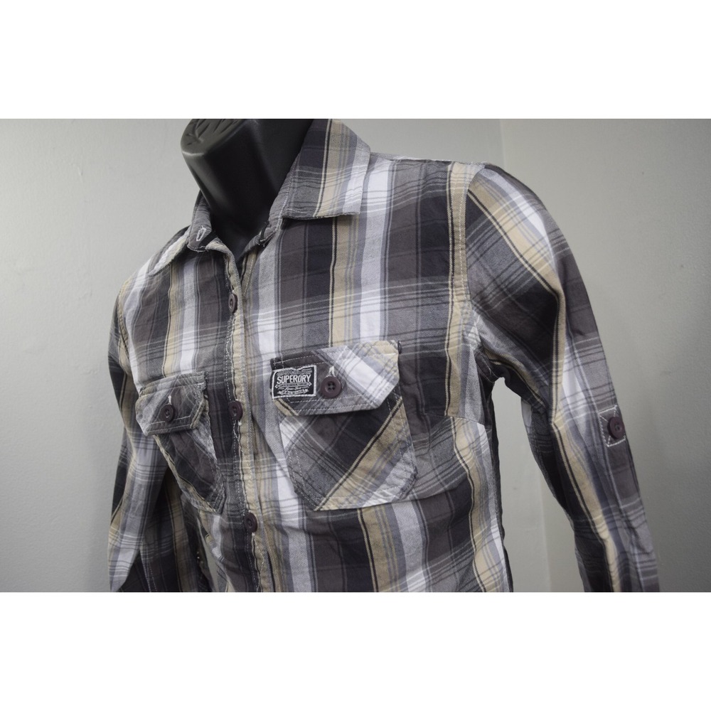 Superdry Button Up Shirt Plaid Roll‎ Up Sleeves Pockets Womens Size Medium